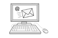 Illustration eines Desktop-Computers mit Monitor, Tastatur und Maus, auf dem Bildschirm ist ein E-Mail-Symbol zu sehen.