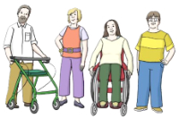 Zeichnung von vier Personen nebeneinander stehend, wobei eine Person im Rollstuhl sitzt und eine andere Person einen Rollator benutzt.
