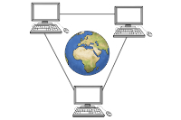 Schematische Darstellung eines Netzwerks mit drei Computerbildschirmen, die durch Linien mit einem Erdglobus in der Mitte verbunden sind.