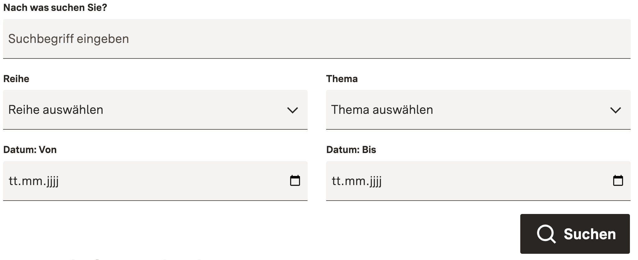 Benutzeroberfläche einer Suchfunktion mit Filteroptionen, Dropdown-Menüs und einem