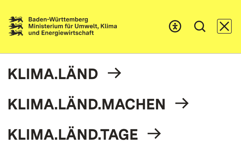 Mobile Menüansicht auf gelbem Hintergrund mit dem Logo des Baden-Württemberg Ministeriums für Umwelt, Klima und Energiewirtschaft, darunter Navigation zu