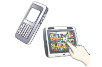 Zeichnung eines Mobiltelefons neben einem Tablet, auf dem eine Hand bedienend zu sehen ist.
