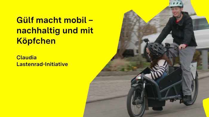 Jugendreporter Elias steuert das Lastenrad Gülf, vorne sitzt Jugendreporterin Ella und filmt