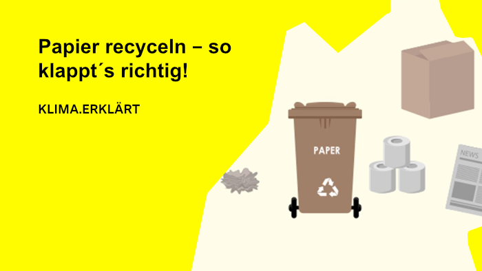 Illustration, die verschiedene Arten von Altpapier und eine Papiertonne zeigt