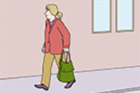 Zeichnung einer Frau mit roter Jacke und beiger Hose, die eine grüne Einkaufstasche trägt und auf einem Gehweg läuft. Im Hintergrund ist eine Hauswand mit Fenstern zu sehen.