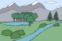 Illustration einer Naturlandschaft mit Fluss, Bäumen, Wiesen und Bergen im Hintergrund. Die Berge sind grau, der Himmel ist blau mit einer kleinen Wolke.