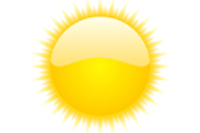 Detaillierte Darstellung einer großen, leuchtend gelben Sonne mit glänzender Oberfläche und strahlenförmigem Rand auf hellblauem Hintergrund.