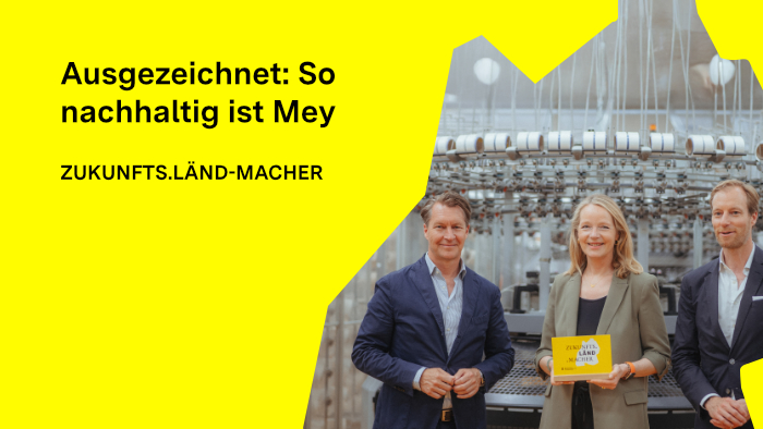 Ministerin Thekla Walker (Mitte) hat das Unternehmen am 6. Juni 2025 als ZUKUNFTS.LÄND.MACHER geehrt und überreichte den Geschäftsführern Matthias Mey (links) und Florian Mey die Auszeichnung.