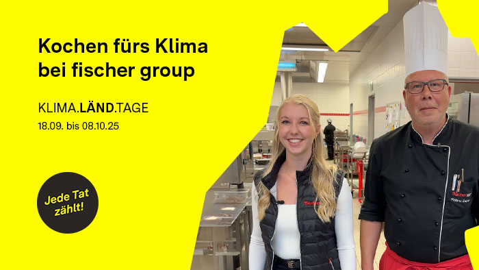 Video-Thumbnail der KLIMA.LÄND.TAGE 2025, Bild mit Koch und einer Mitarbeiterin der Firma Fischer im Betriebsrestaurant