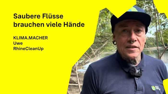 Uwe Franken blickt in die Kamera und spricht über die Arbeit von RhineCleanUp.