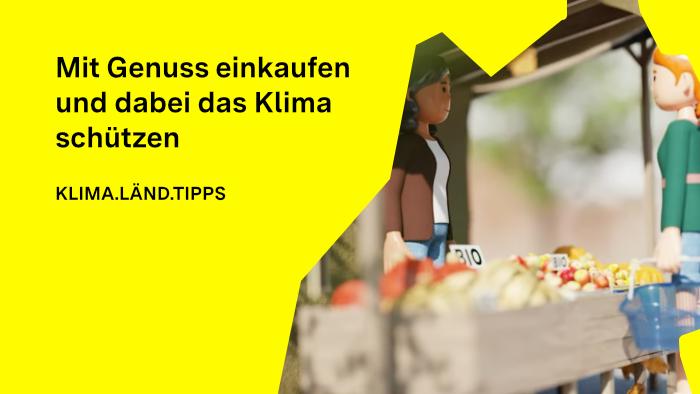 Illustration von Verkaufsständen auf einem Wochenmarkt. Eine Verkäuferin und eine Kundin schauen sich an.
