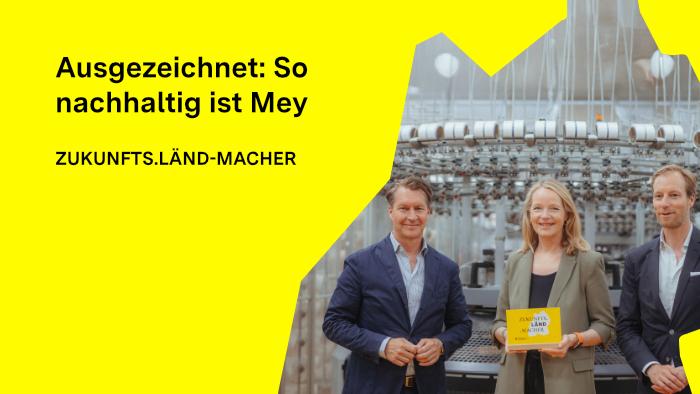 Ministerin Thekla Walker (Mitte) hat das Unternehmen am 6. Juni 2025 als ZUKUNFTS.LÄND.MACHER geehrt und überreichte den Geschäftsführern Matthias Mey (links) und Florian Mey die Auszeichnung.